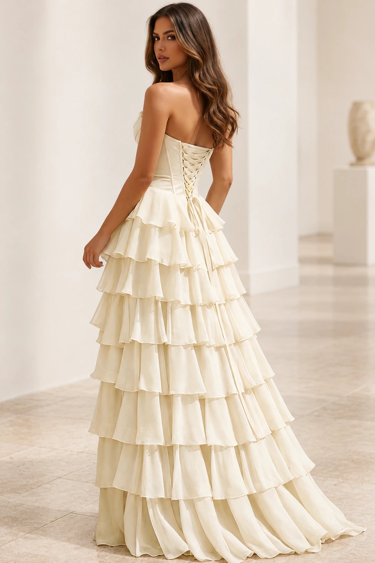Elegant Chiffon Ball Gown Sweetheart Strapless Corset Lace-Up Back Prom Dress