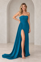 Radiant Satin Look Sheath Straight Neck Strapless Draped Long Prom Dress