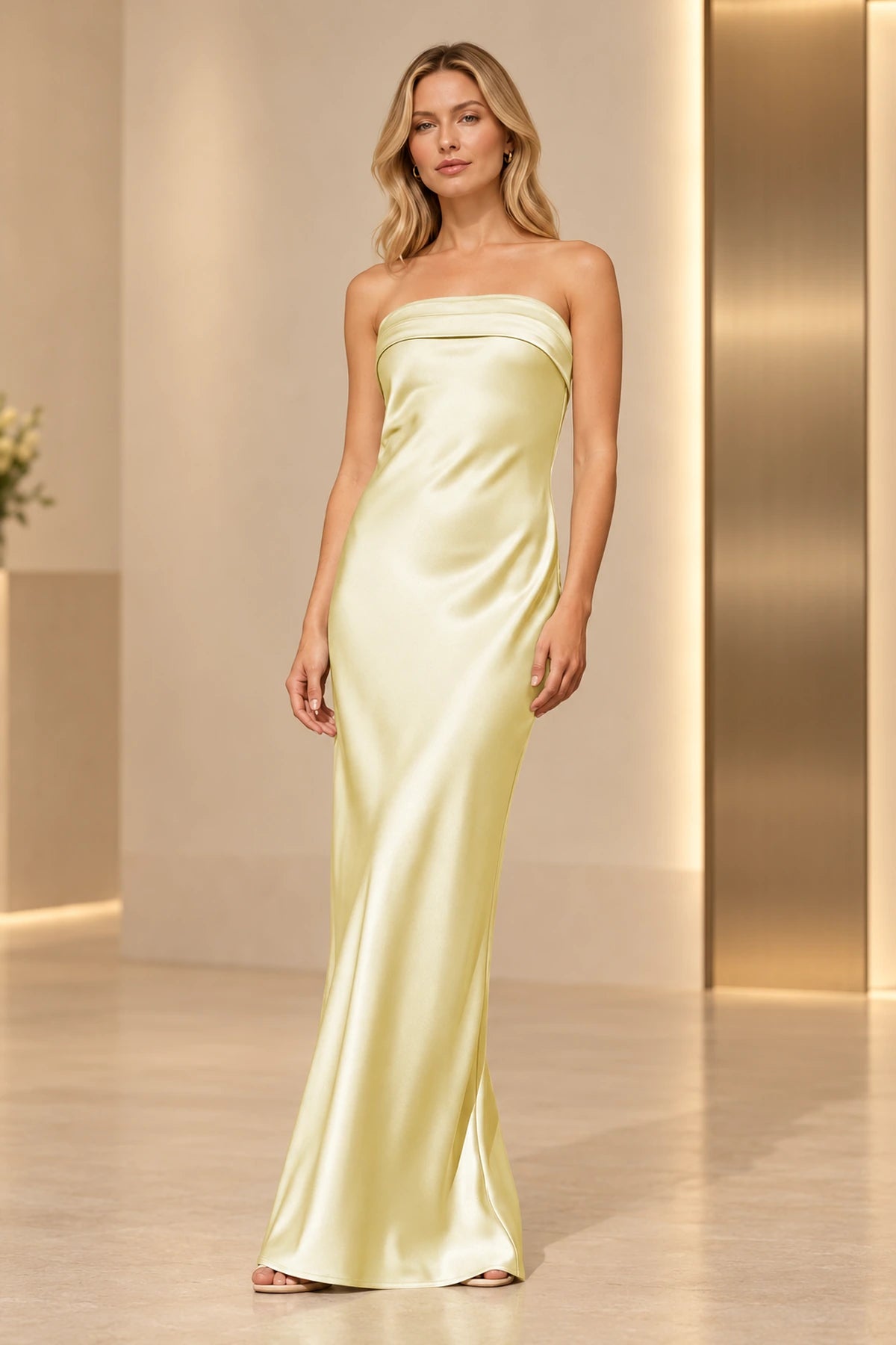 Sleek Satin Look Sheath Straight Neck Strapless Long Prom Dress