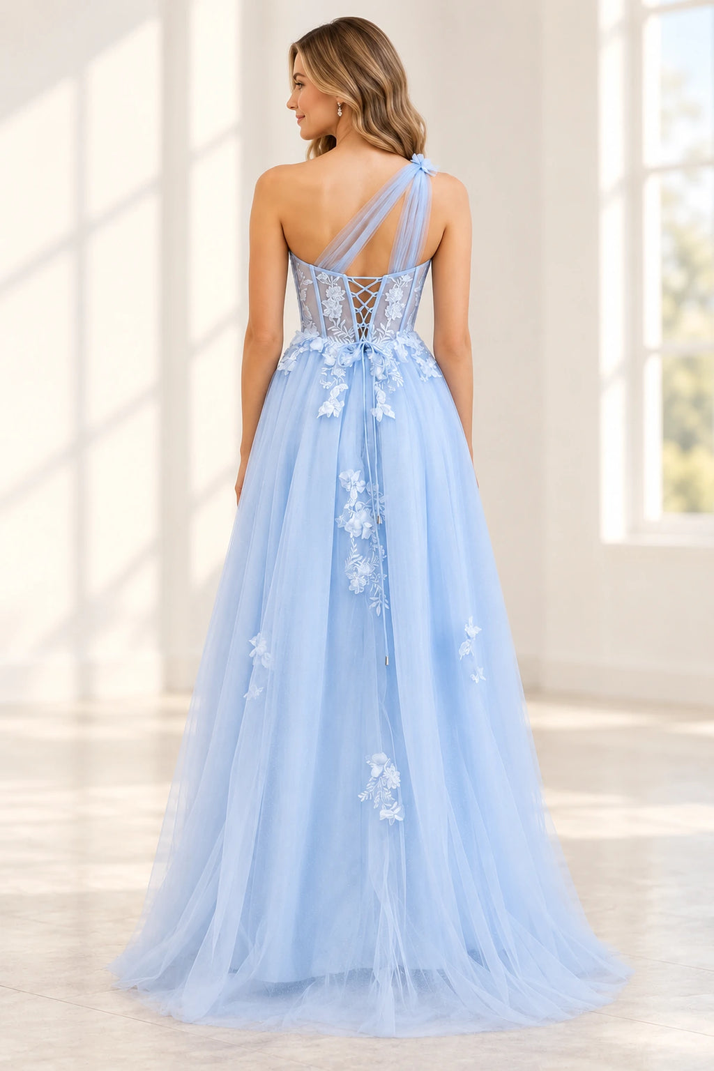 Romantic Tulle A Line Sweetheart One Shoulder Floral Long Prom Dress