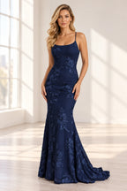 Elegant Floral Applique Mermaid Scoop Neck Spaghetti Strap Lace-Up Back Prom Dress