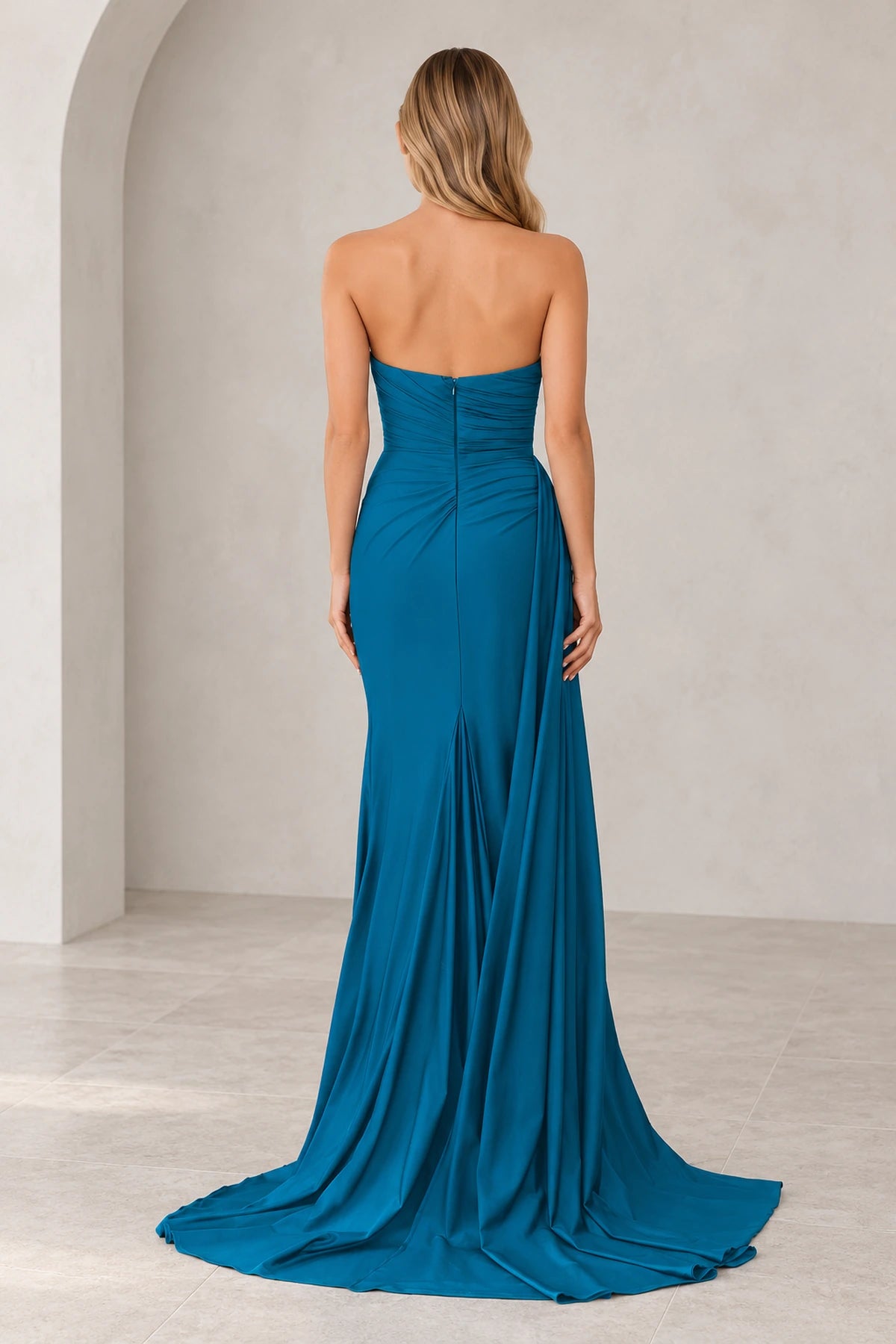 Radiant Satin Look Sheath Straight Neck Strapless Draped Long Prom Dress