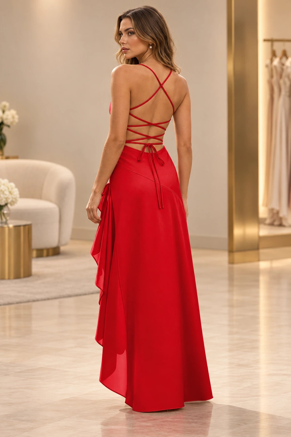 Elegant Satin A-Line Scoop Neck Spaghetti Strap Crisscross Back Prom Dress