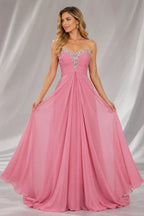 Blush pink chiffon sweetheart neck long A line ball gown prom Dress front view