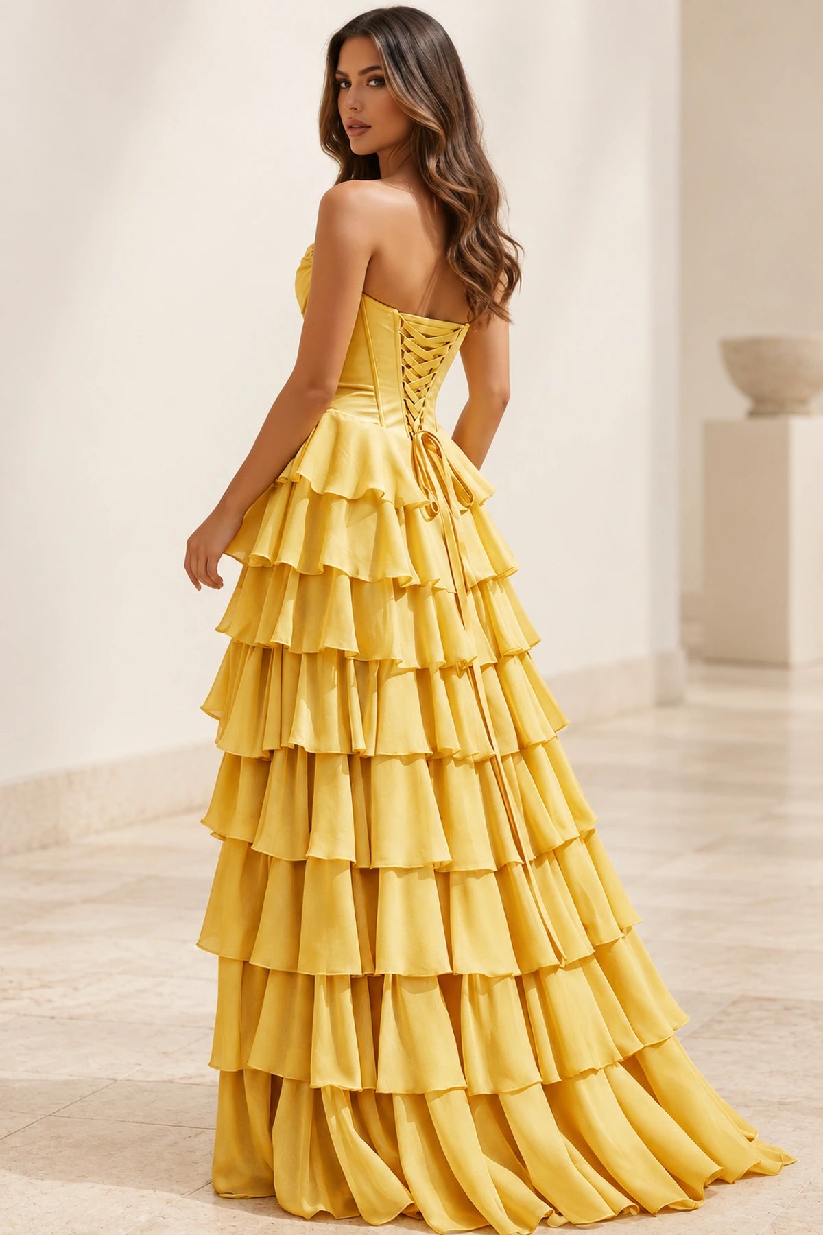 Elegant Chiffon Ball Gown Sweetheart Strapless Corset Lace-Up Back Prom Dress
