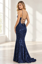 Elegant Floral Applique Mermaid Scoop Neck Spaghetti Strap Lace-Up Back Prom Dress