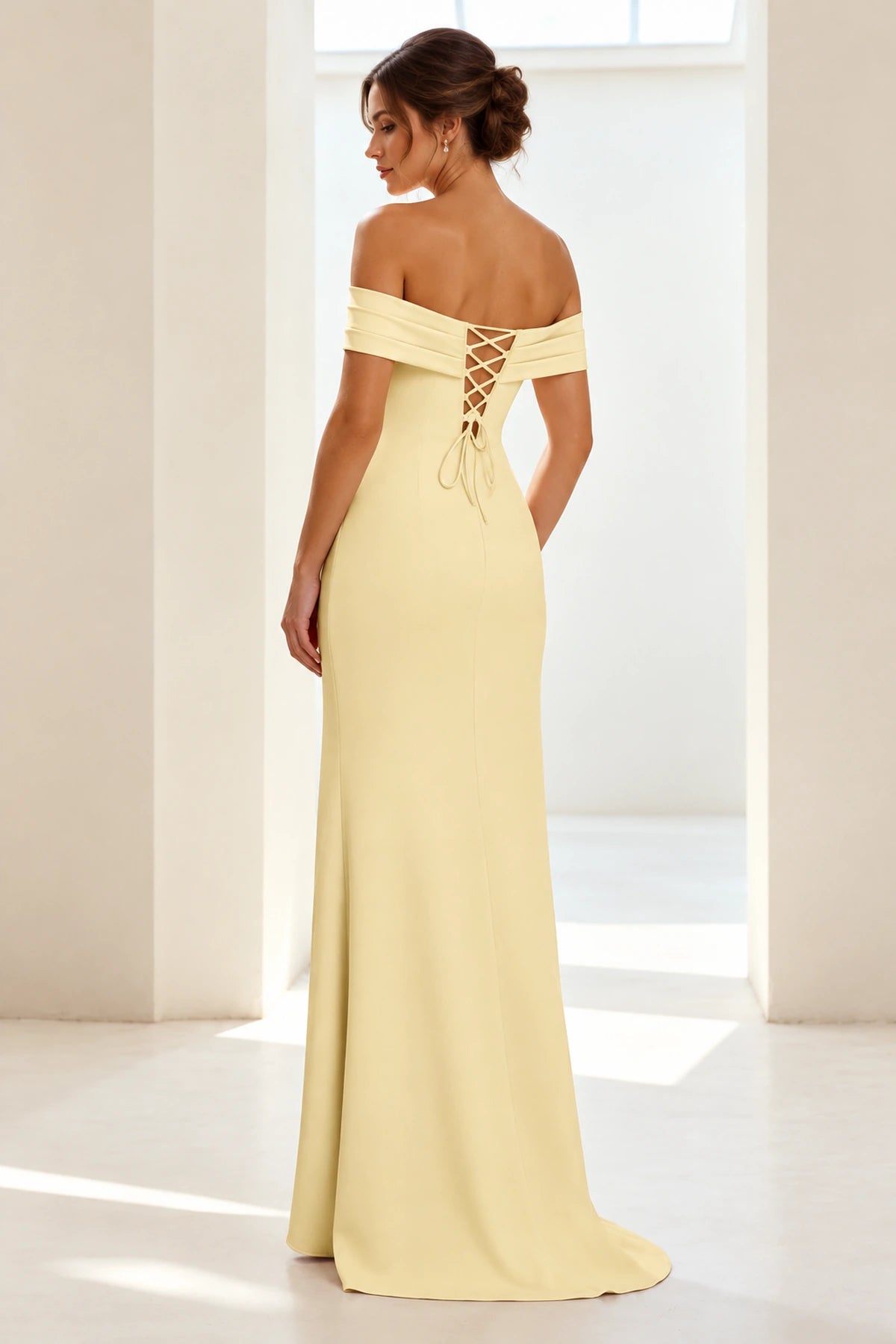 Elegant Sheath Off Shoulder Short Sleeve Lace-Up Back Long Prom Dress