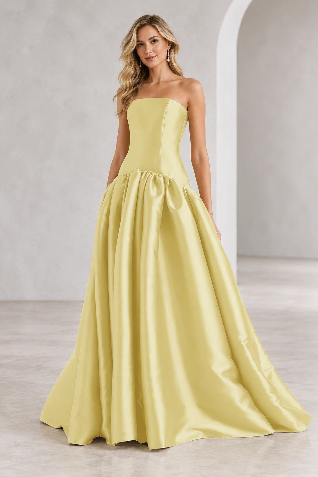 Romantic A Line Straight Neck Strapless Drop Waist Long Prom Dress