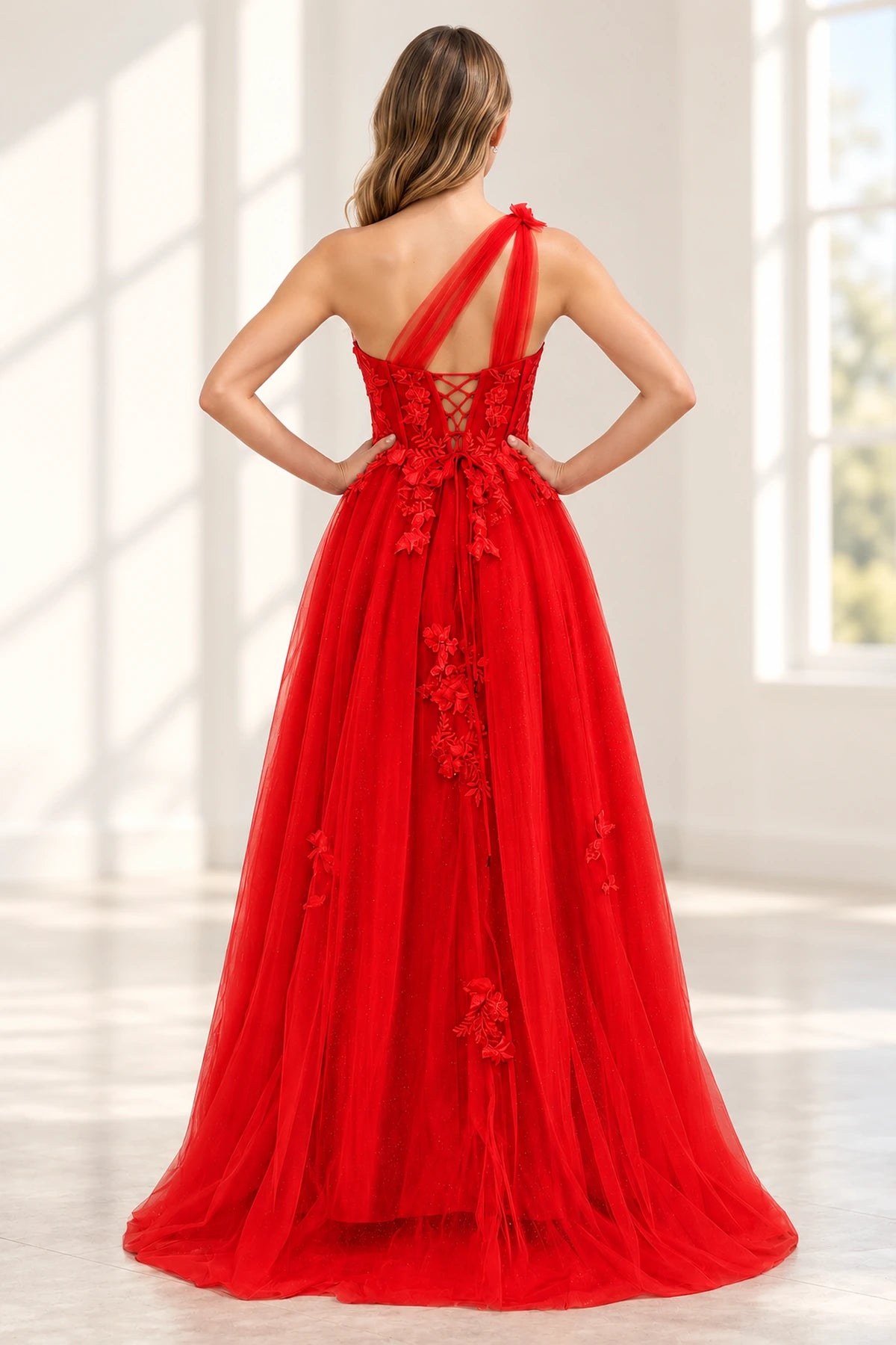 Romantic Tulle A Line Sweetheart One Shoulder Floral Long Prom Dress