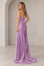 Radiant Satin Look Sheath Straight Neck Strapless Draped Long Prom Dress