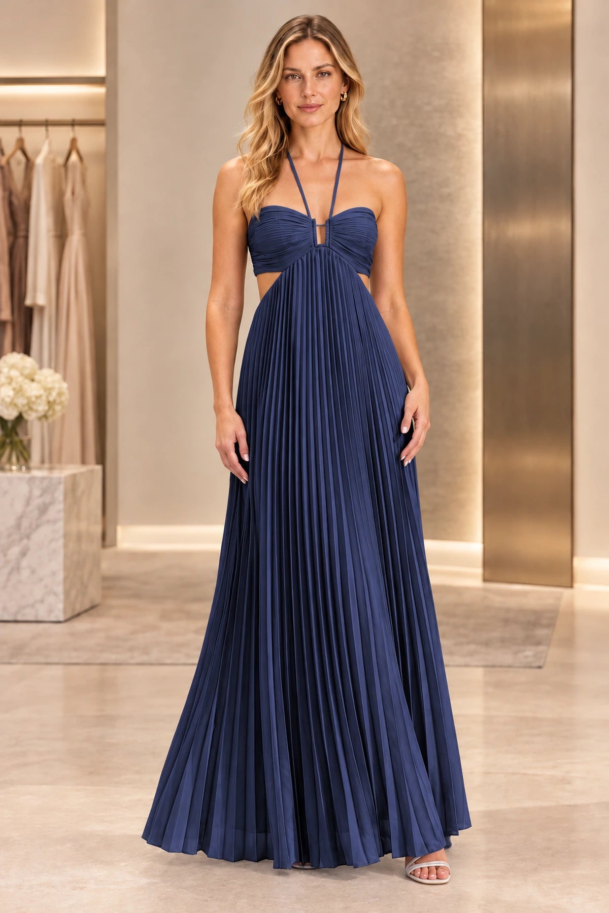 Elegant Satin A-Line Halter Sleeveless Tie-Back Floor-Length Prom Dress