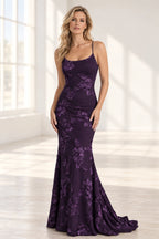 Elegant Floral Applique Mermaid Scoop Neck Spaghetti Strap Lace-Up Back Prom Dress