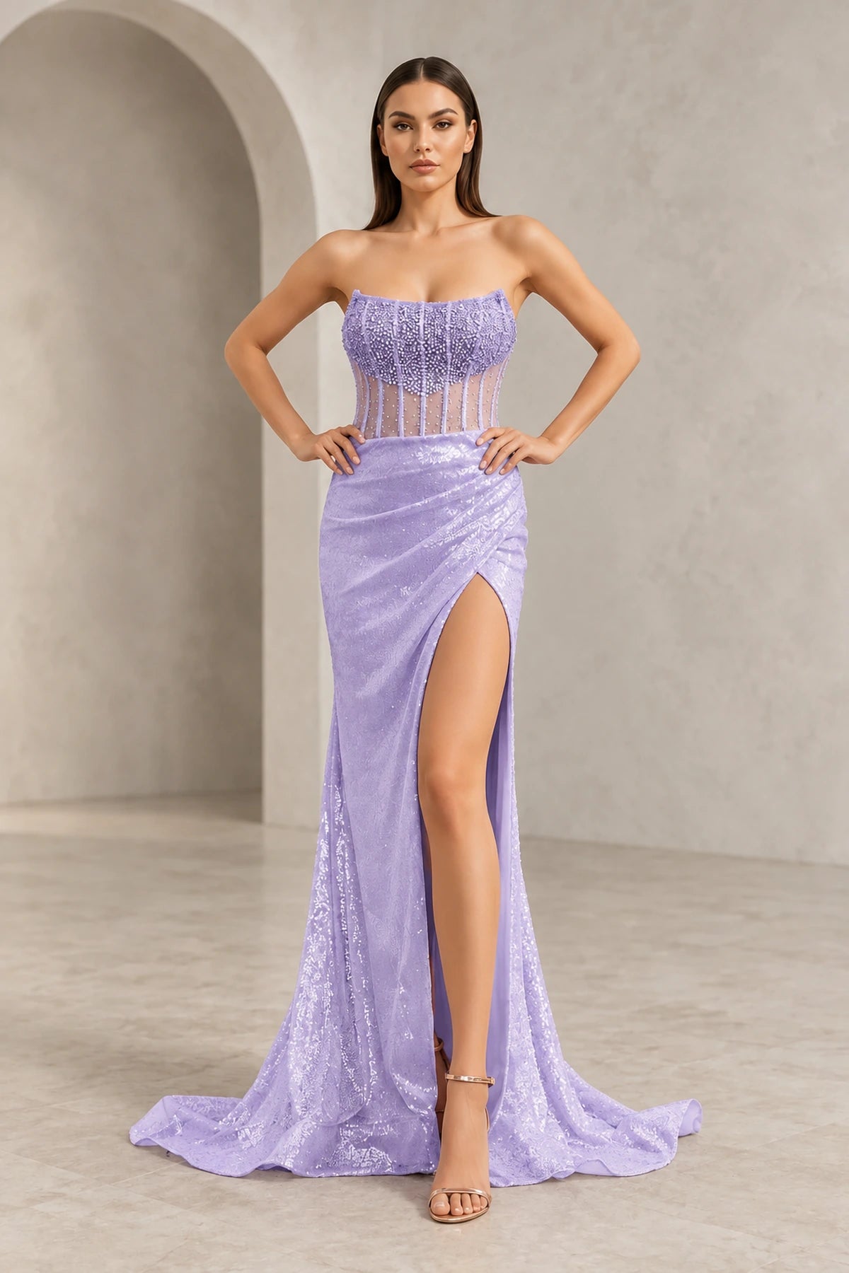 Strapless Sequin Corset Bodice High Slit Mermaid Prom Dress