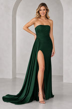 Radiant Satin Look Sheath Straight Neck Strapless Draped Long Prom Dress