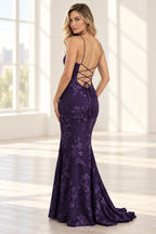 Elegant Floral Applique Mermaid Scoop Neck Spaghetti Strap Lace-Up Back Prom Dress