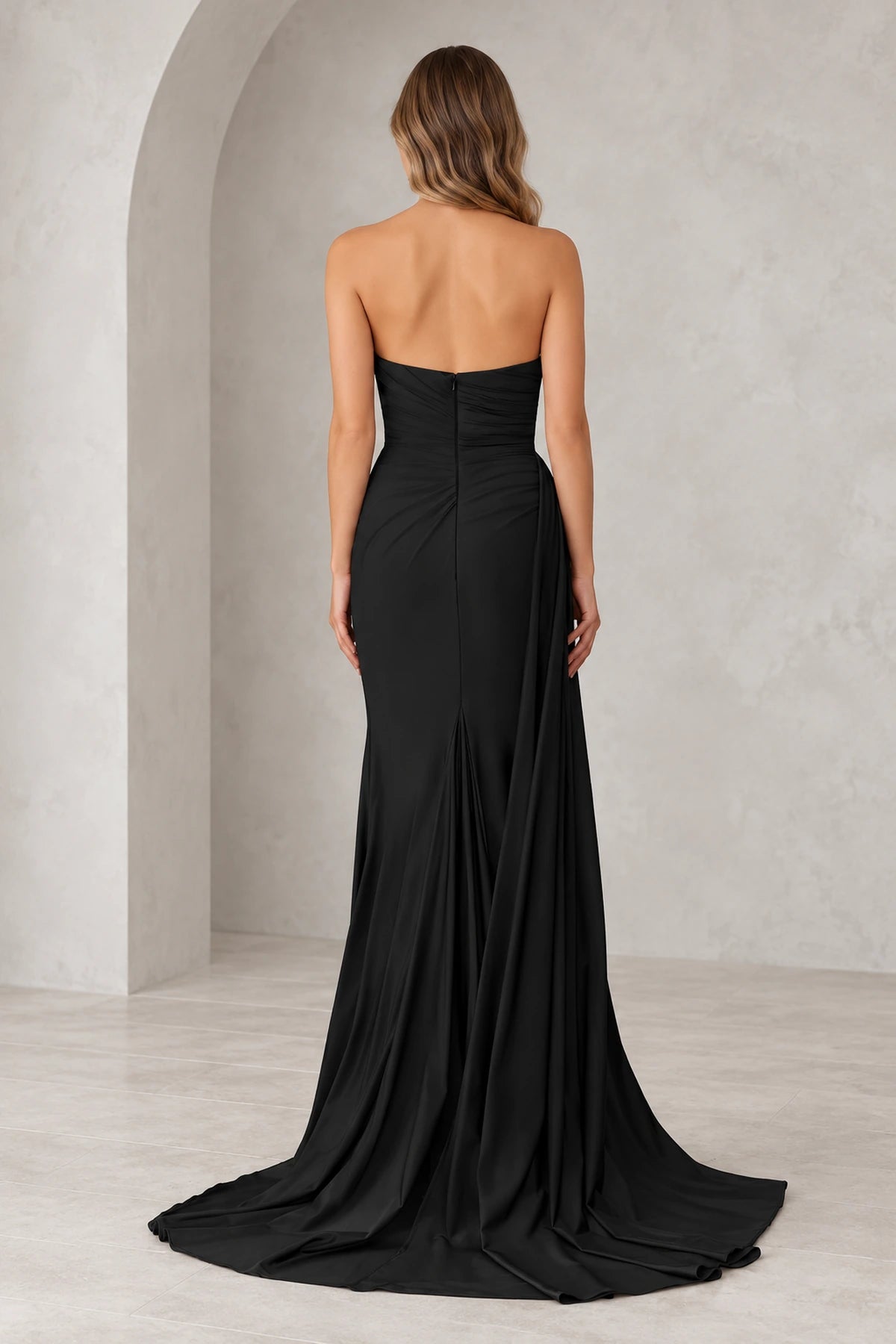 Radiant Satin Look Sheath Straight Neck Strapless Draped Long Prom Dress