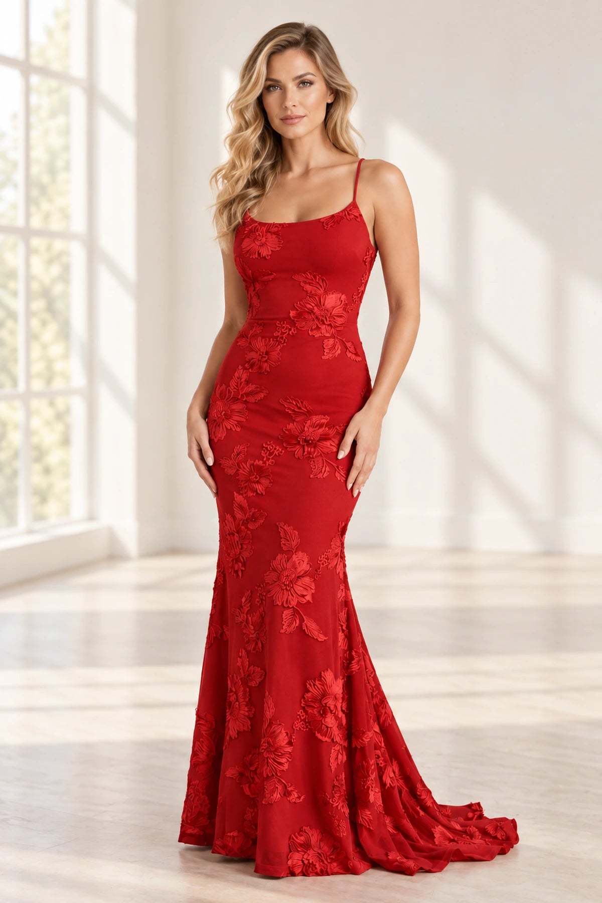 Elegant Floral Applique Mermaid Scoop Neck Spaghetti Strap Lace-Up Back Prom Dress