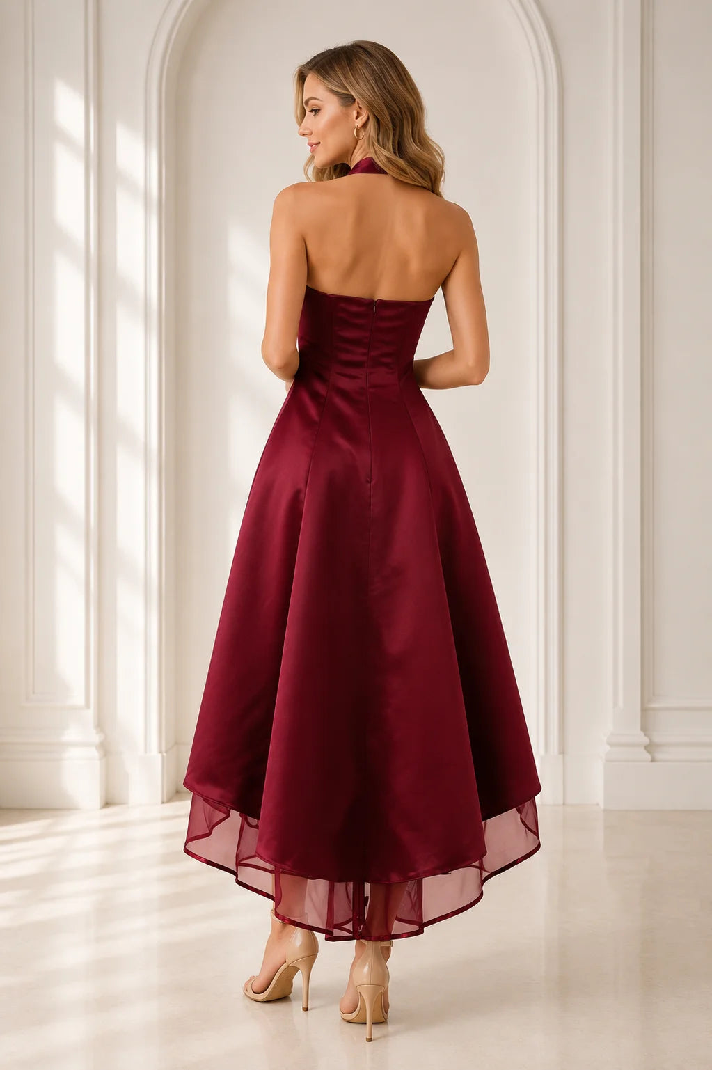 Burgundy satin high low formal Dress with open back and zipper closure