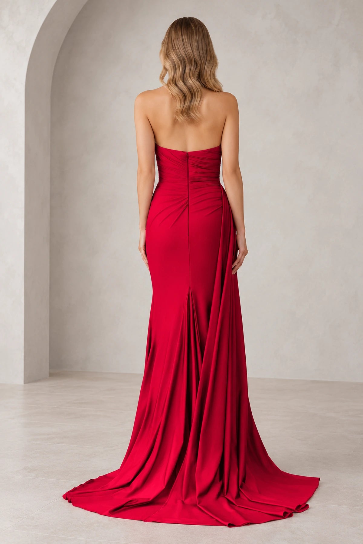Radiant Satin Look Sheath Straight Neck Strapless Draped Long Prom Dress