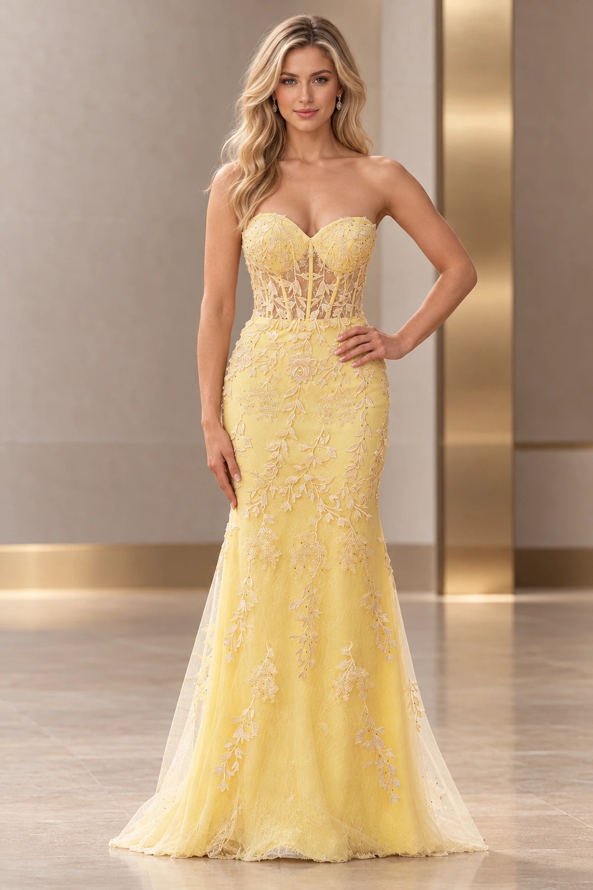 Elegant Lace Applique Mermaid Sweetheart Strapless Corset Lace-Up Back Long Prom Dress