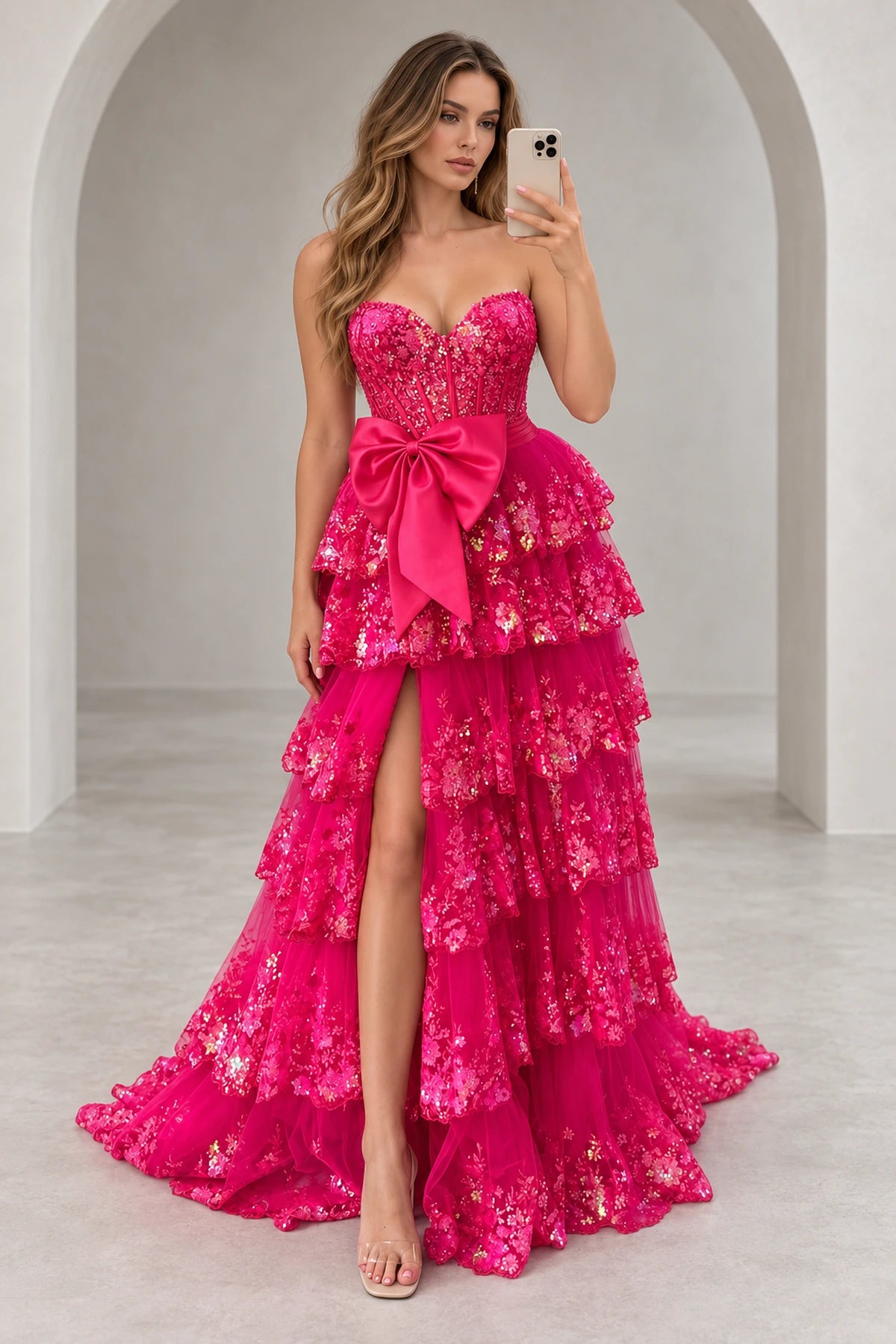 Gorgeous Tulle A-Line Strapless Sweetheart Sequin Corset Tie Back Tiered Ruffle Long Prom Dress