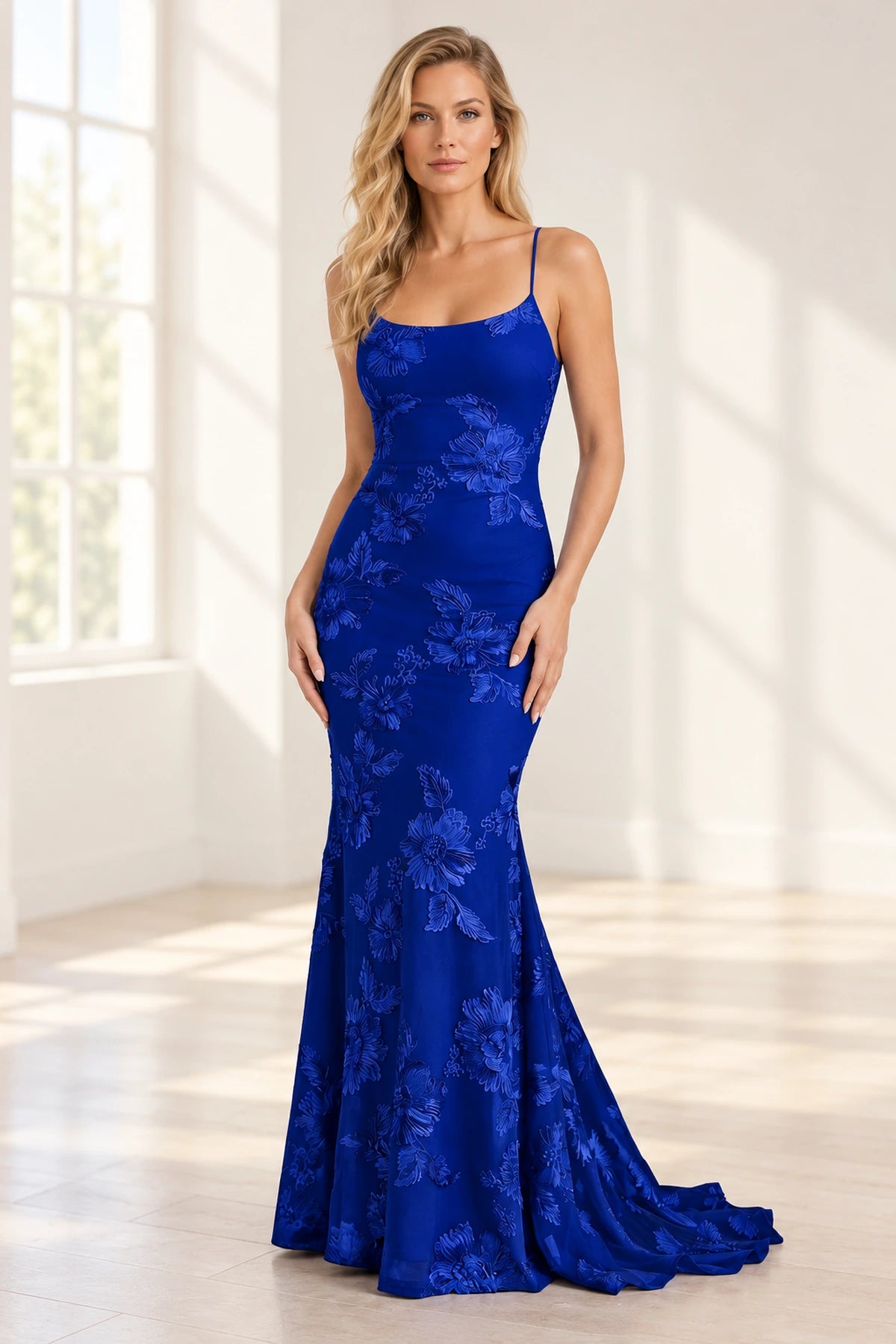 Elegant Floral Applique Mermaid Scoop Neck Spaghetti Strap Lace-Up Back Prom Dress