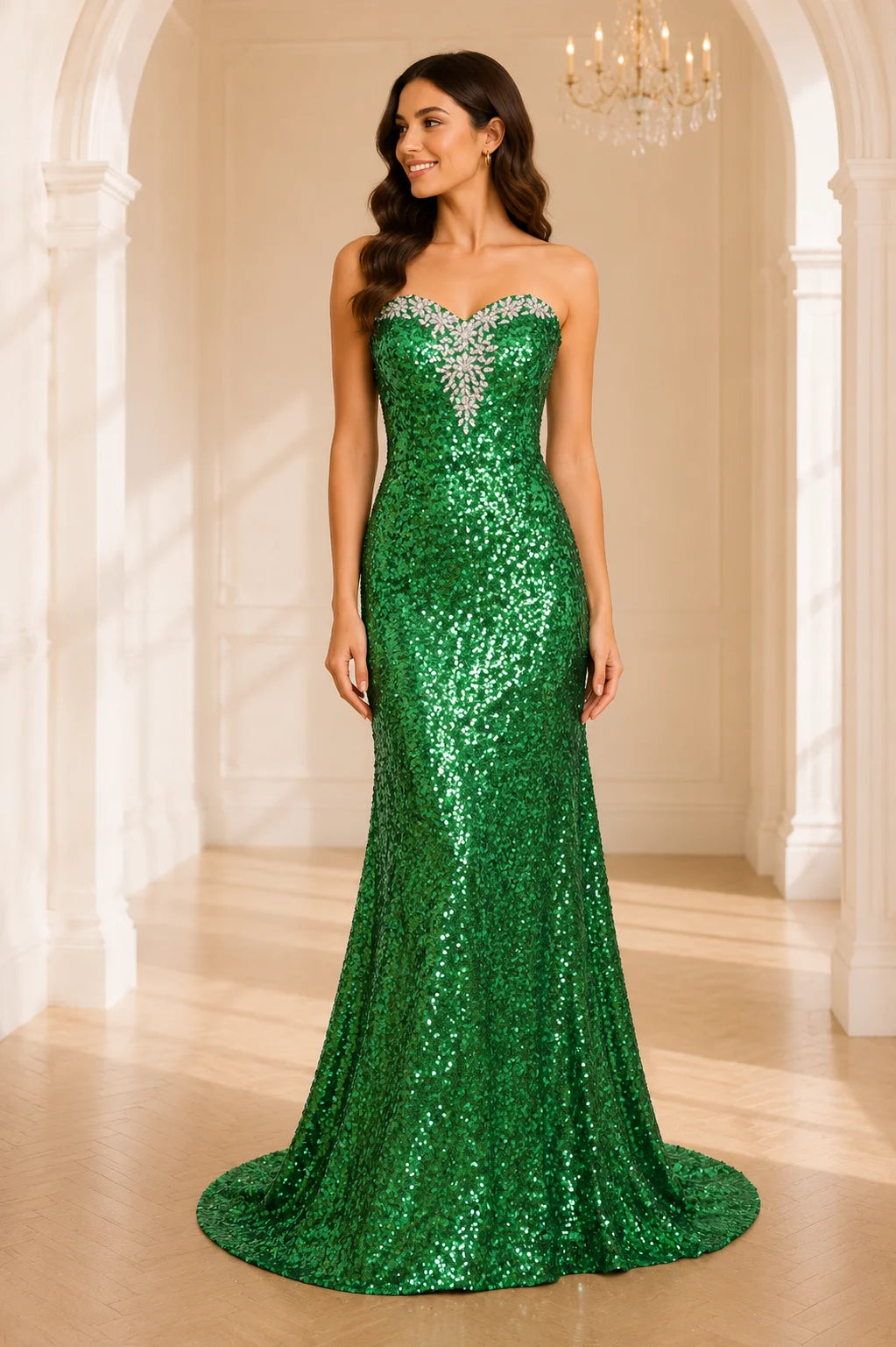 Emerald green sweetheart neck mermaid sequin prom Dress front view