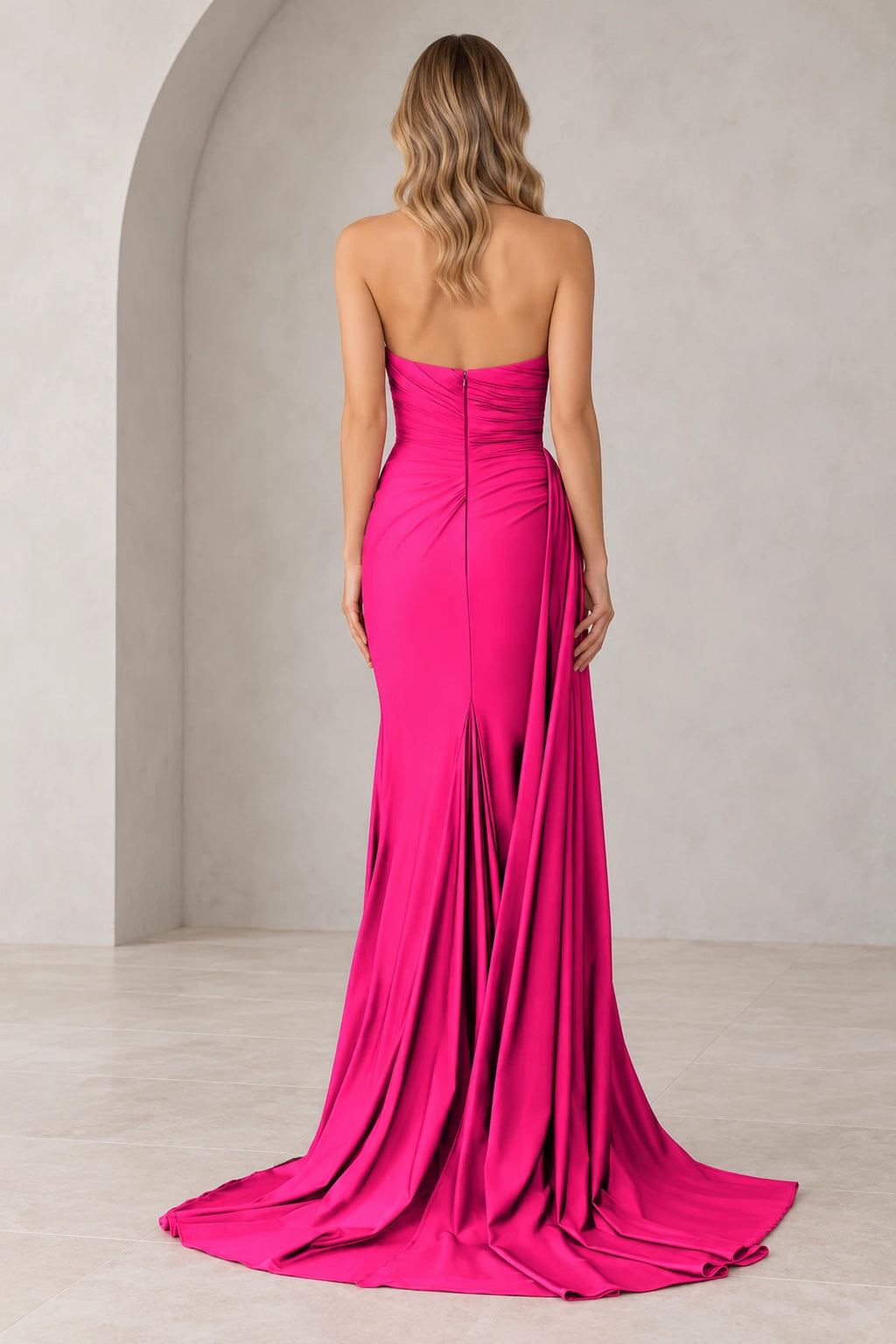 Radiant Satin Look Sheath Straight Neck Strapless Draped Long Prom Dress