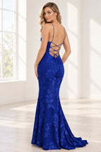 Elegant Floral Applique Mermaid Scoop Neck Spaghetti Strap Lace-Up Back Prom Dress