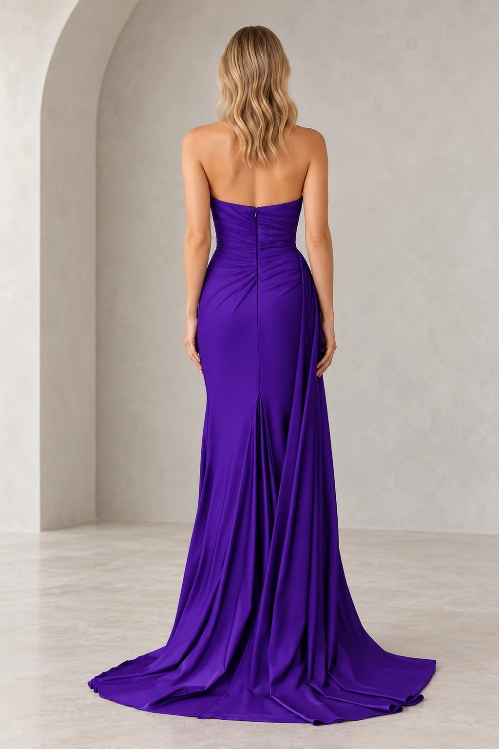 Radiant Satin Look Sheath Straight Neck Strapless Draped Long Prom Dress