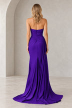Radiant Satin Look Sheath Straight Neck Strapless Draped Long Prom Dress