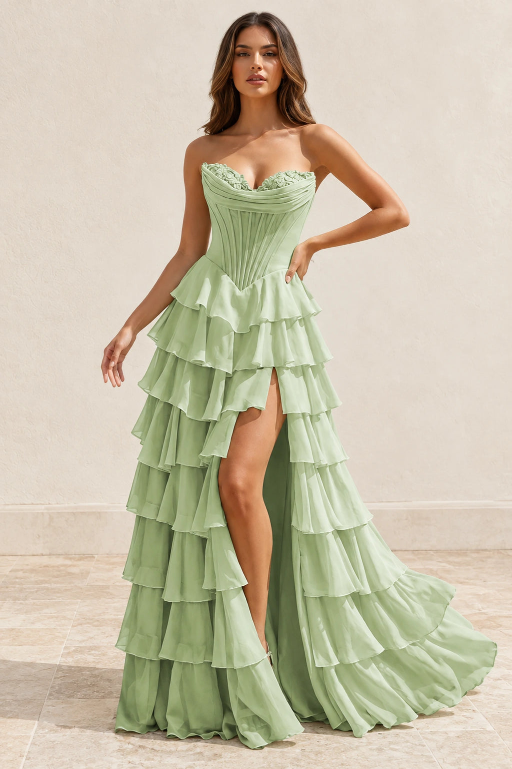 Elegant Chiffon Ball Gown Sweetheart Strapless Corset Lace-Up Back Prom Dress
