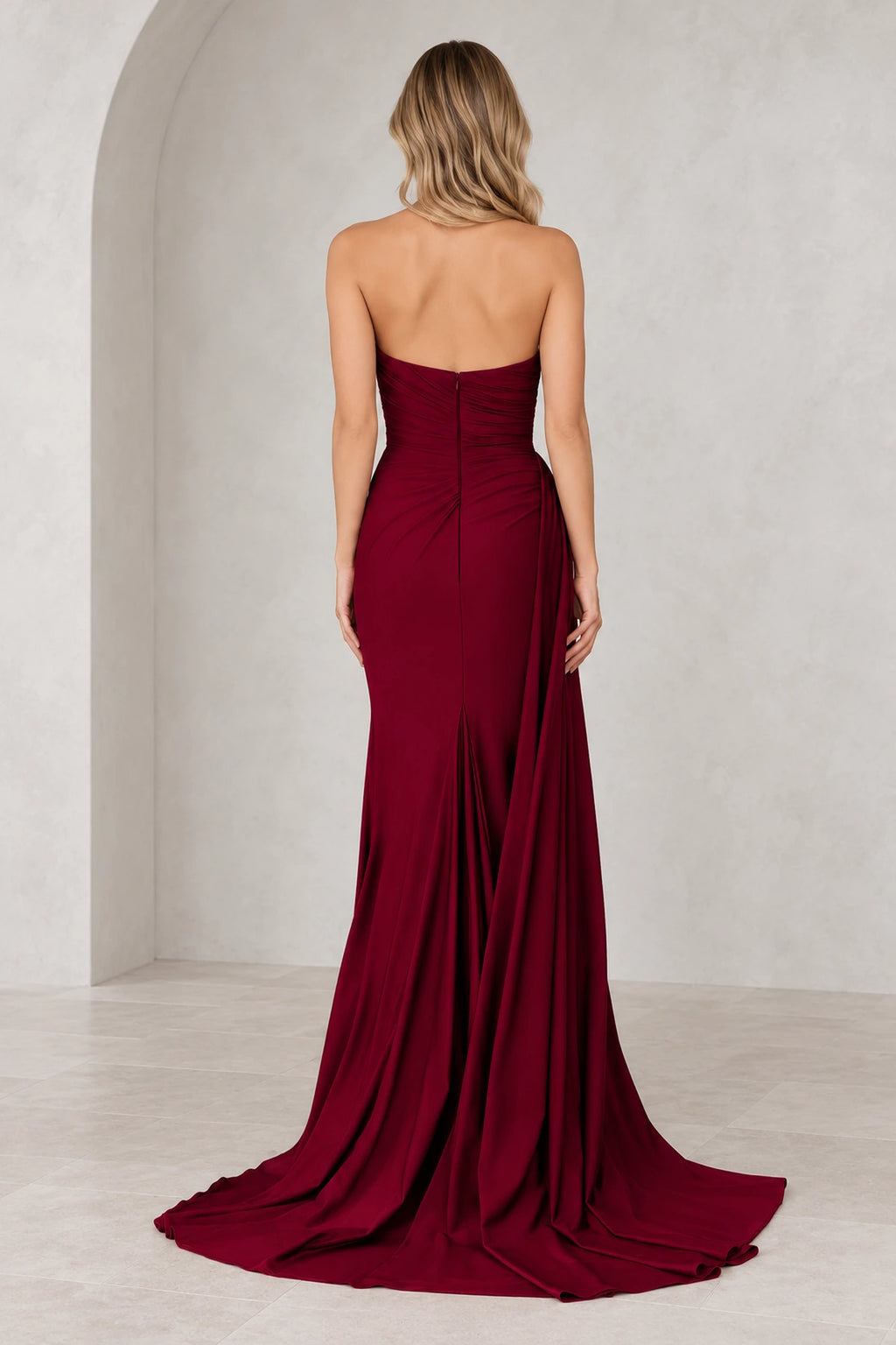 Radiant Satin Look Sheath Straight Neck Strapless Draped Long Prom Dress