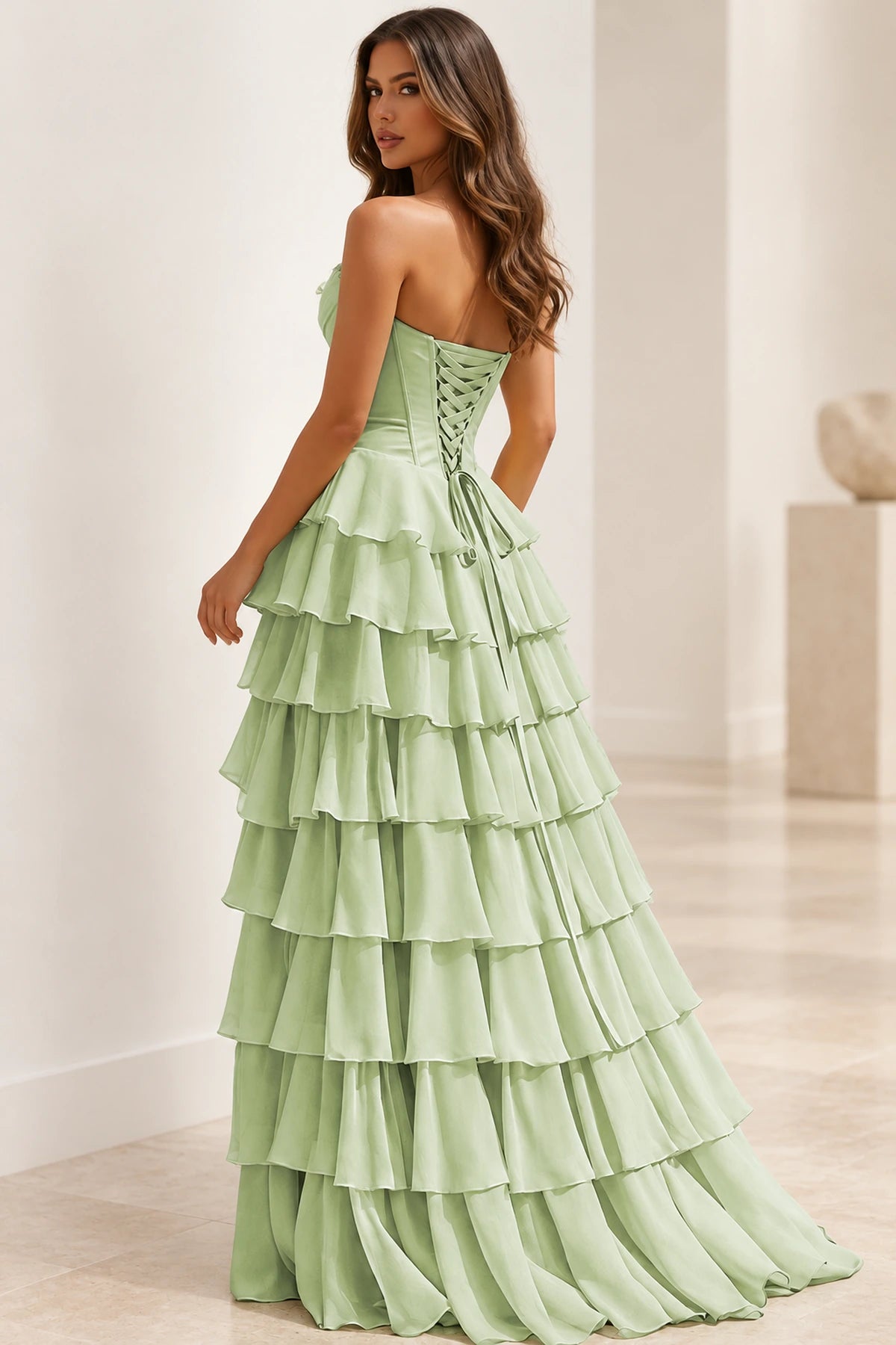 Elegant Chiffon Ball Gown Sweetheart Strapless Corset Lace-Up Back Prom Dress