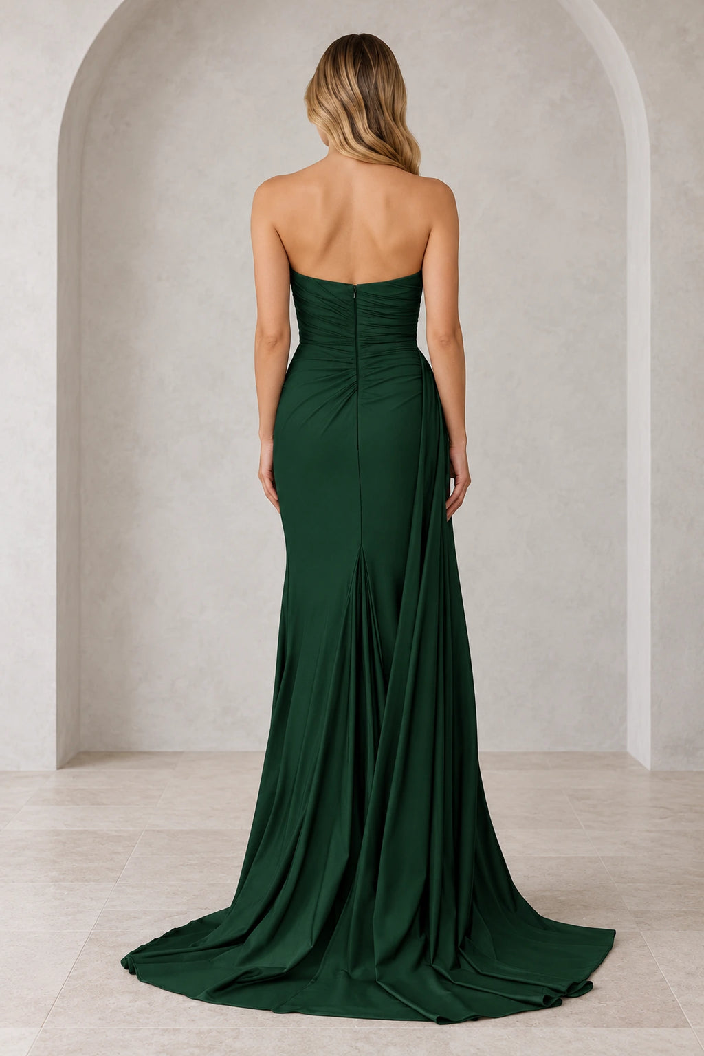 Radiant Satin Look Sheath Straight Neck Strapless Draped Long Prom Dress