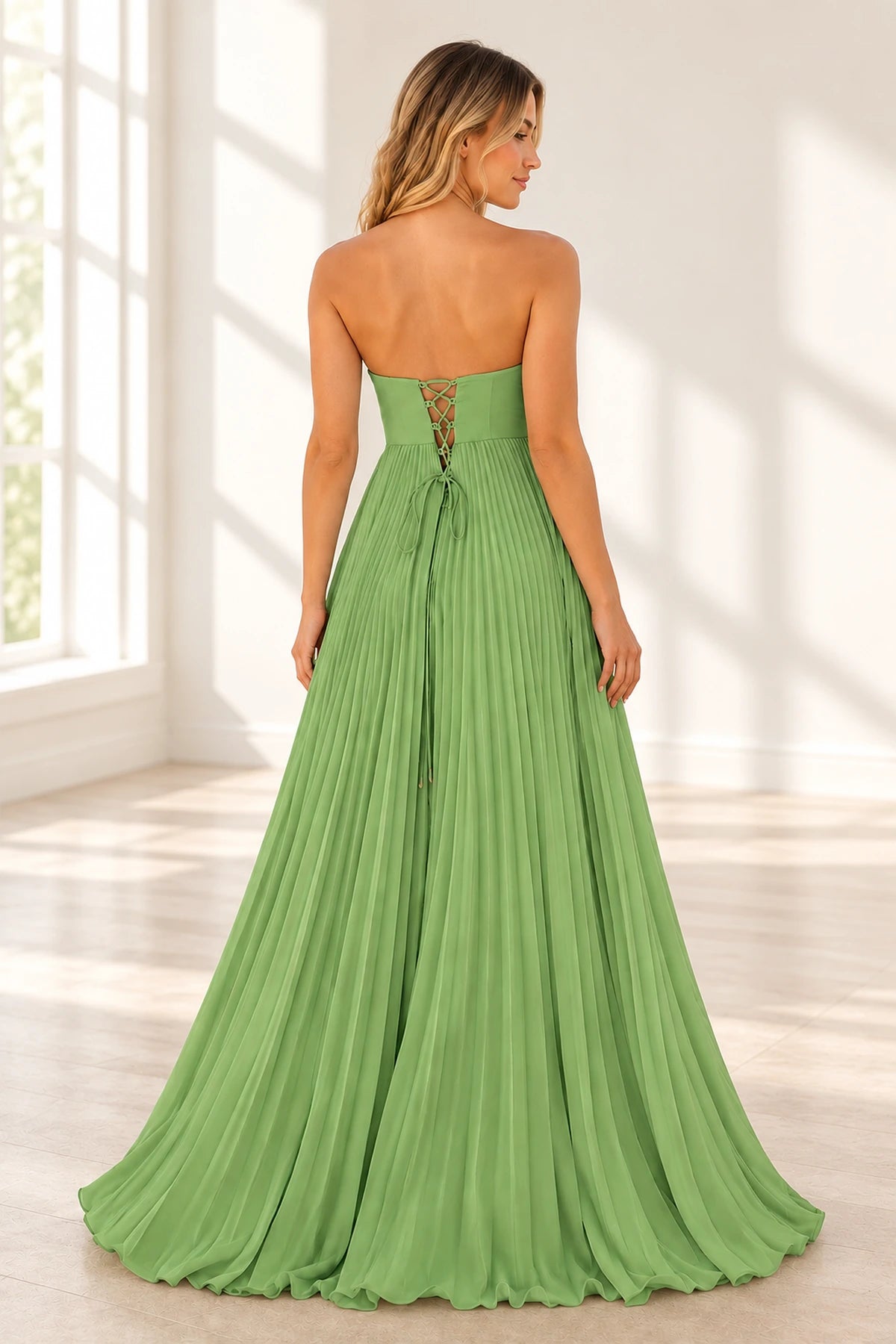 Elegant Chiffon A-Line Sweetheart Strapless Pleated Lace-Up Back Prom Dress