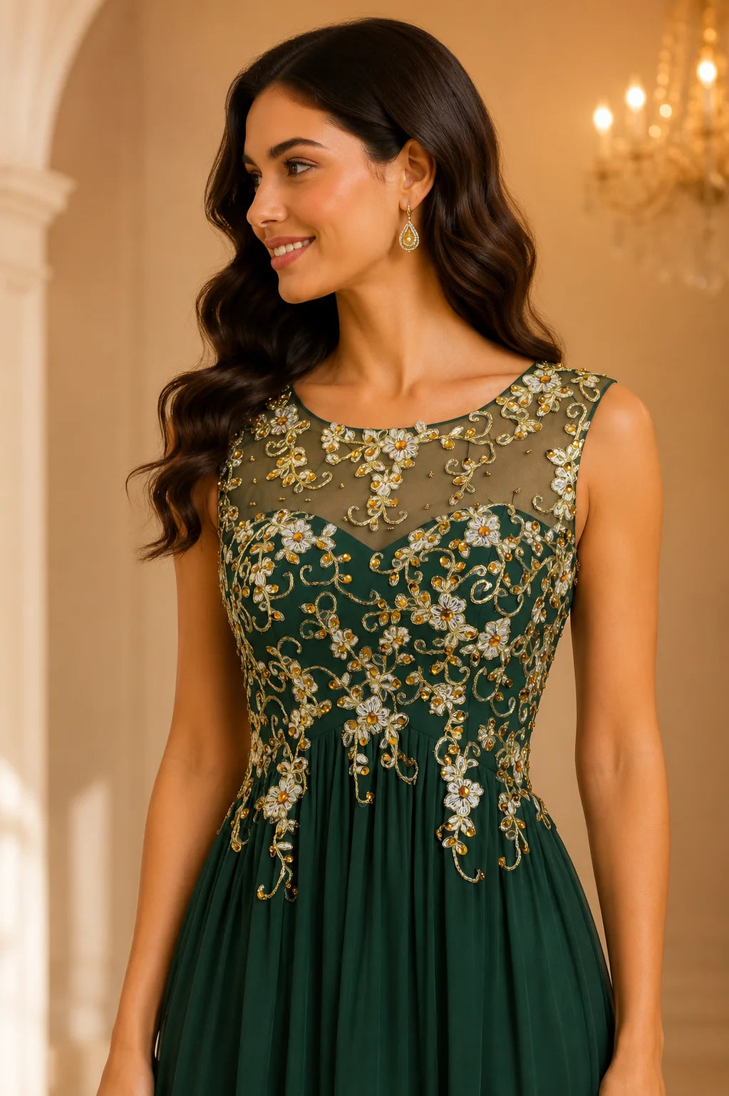 Dark Emerald Green Chiffon Lace Scoop Neck Long A Line Mother of the Bride Dress