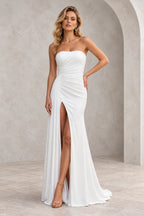 Radiant Satin Look Sheath Straight Neck Strapless Draped Long Prom Dress