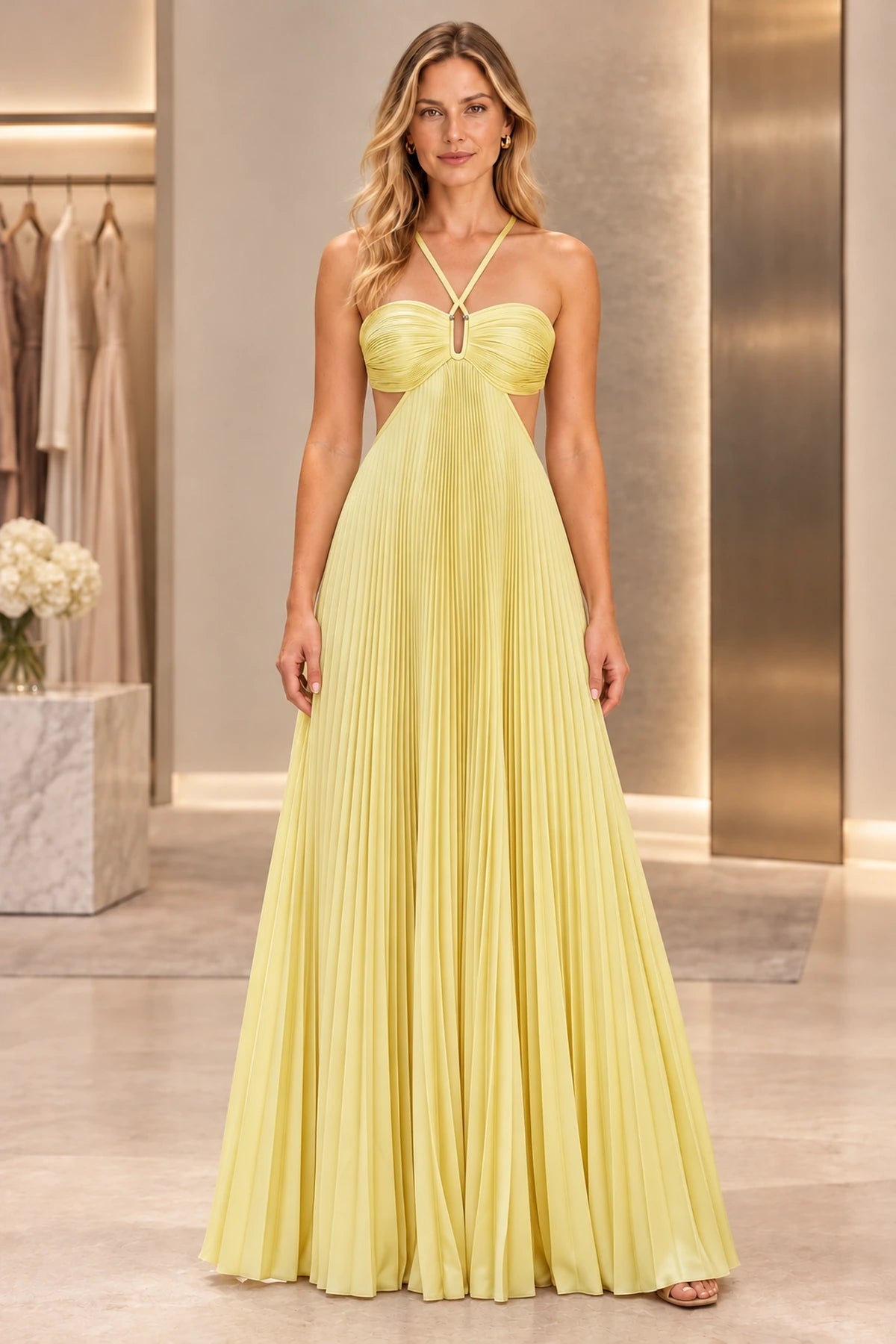Elegant Satin A-Line Halter Sleeveless Tie-Back Floor-Length Prom Dress
