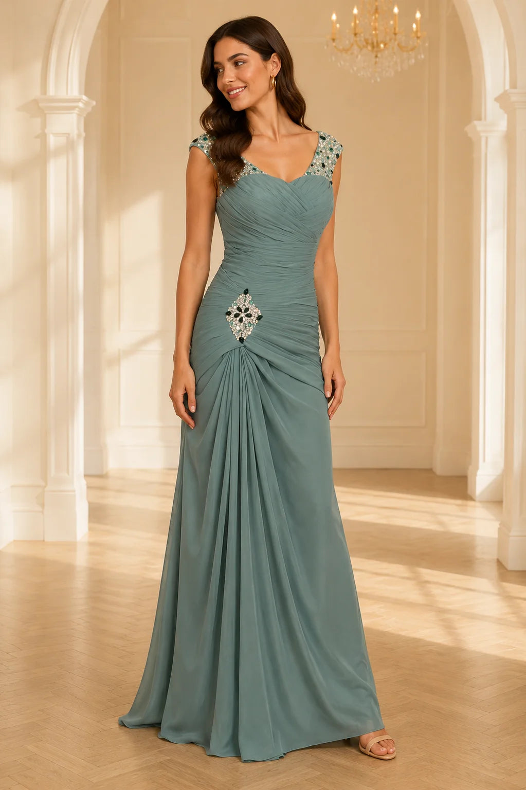 Dusty Sage Green V Neck A Line Beaded Mother of the Bride Dress