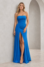 Radiant Satin Look Sheath Straight Neck Strapless Draped Long Prom Dress