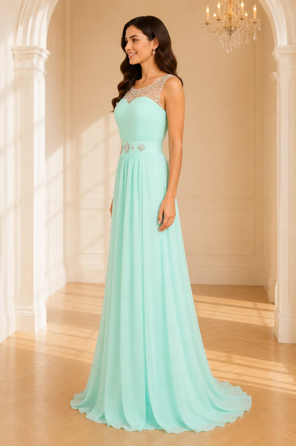 Mint Green Chiffon Sweetheart Neck Long A Line Prom Dress