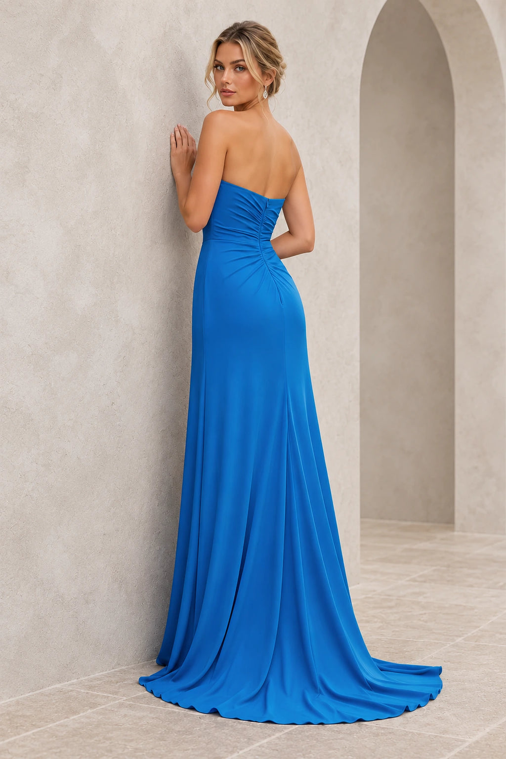 Radiant Satin Look Sheath Straight Neck Strapless Draped Long Prom Dress