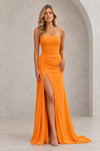 Radiant Satin Look Sheath Straight Neck Strapless Draped Long Prom Dress
