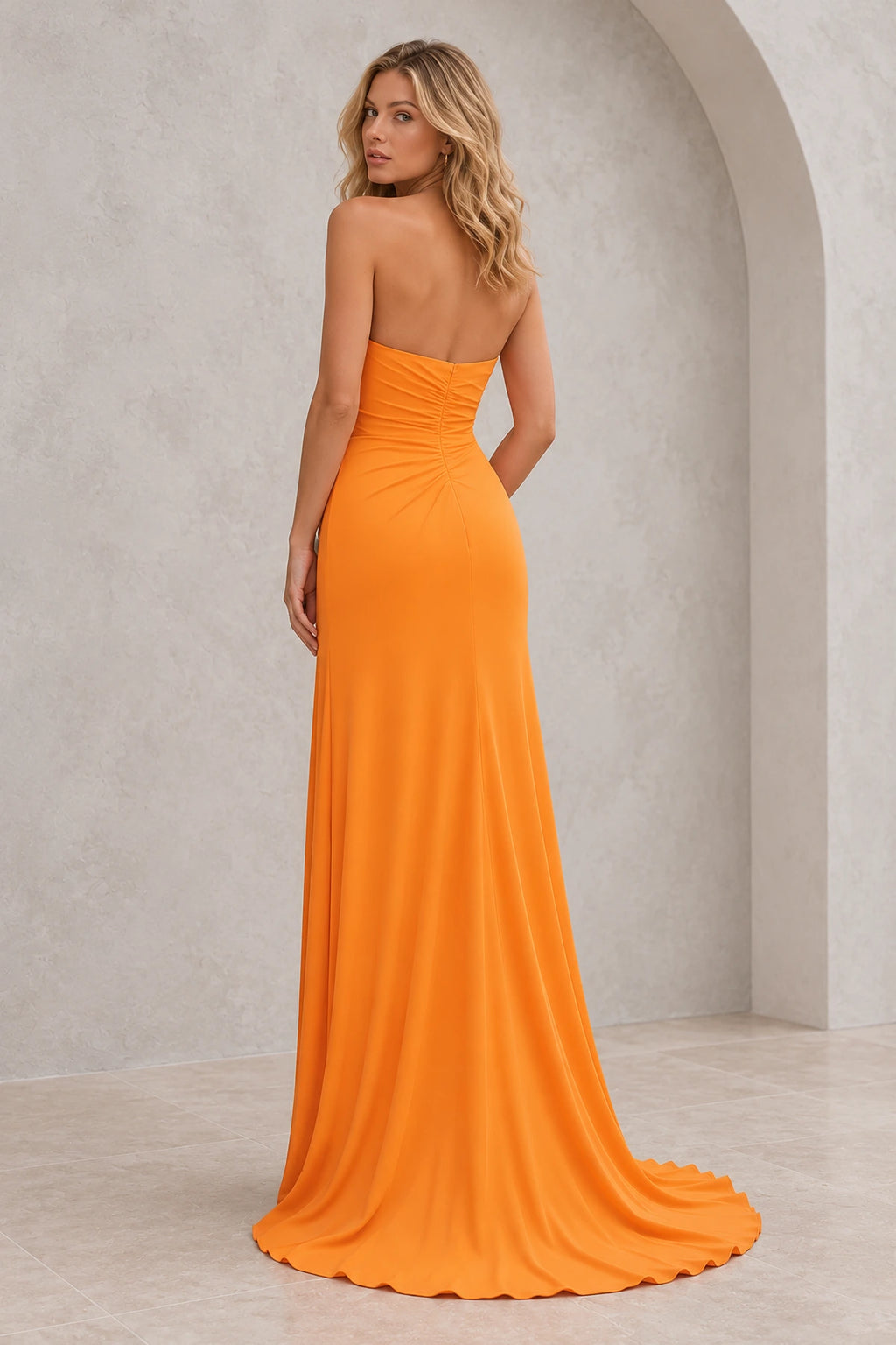 Radiant Satin Look Sheath Straight Neck Strapless Draped Long Prom Dress