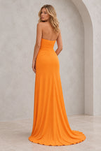 Radiant Satin Look Sheath Straight Neck Strapless Draped Long Prom Dress