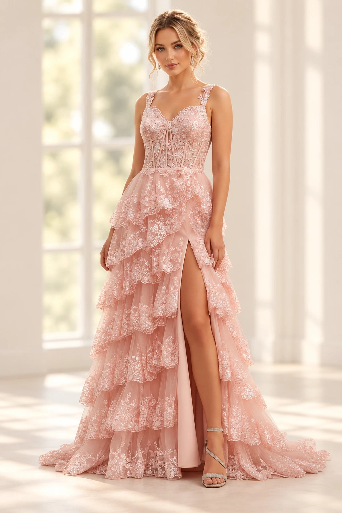 Elegant Tulle Floral Lace A-Line Sweetheart Corset Lace-Up Back Prom Dress