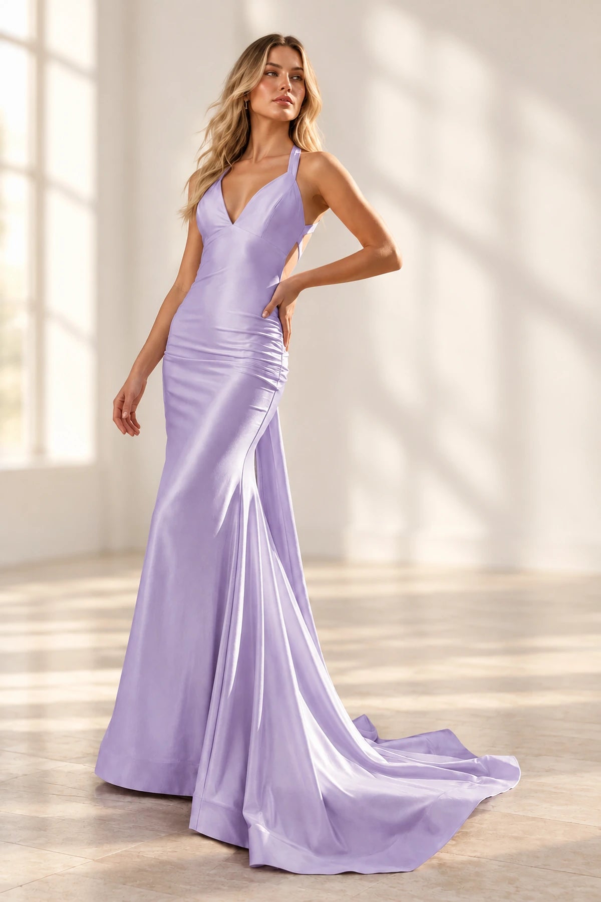 Elegant Satin Mermaid V-Neck Sleeveless Cross-Back Floor-Length Prom Dress