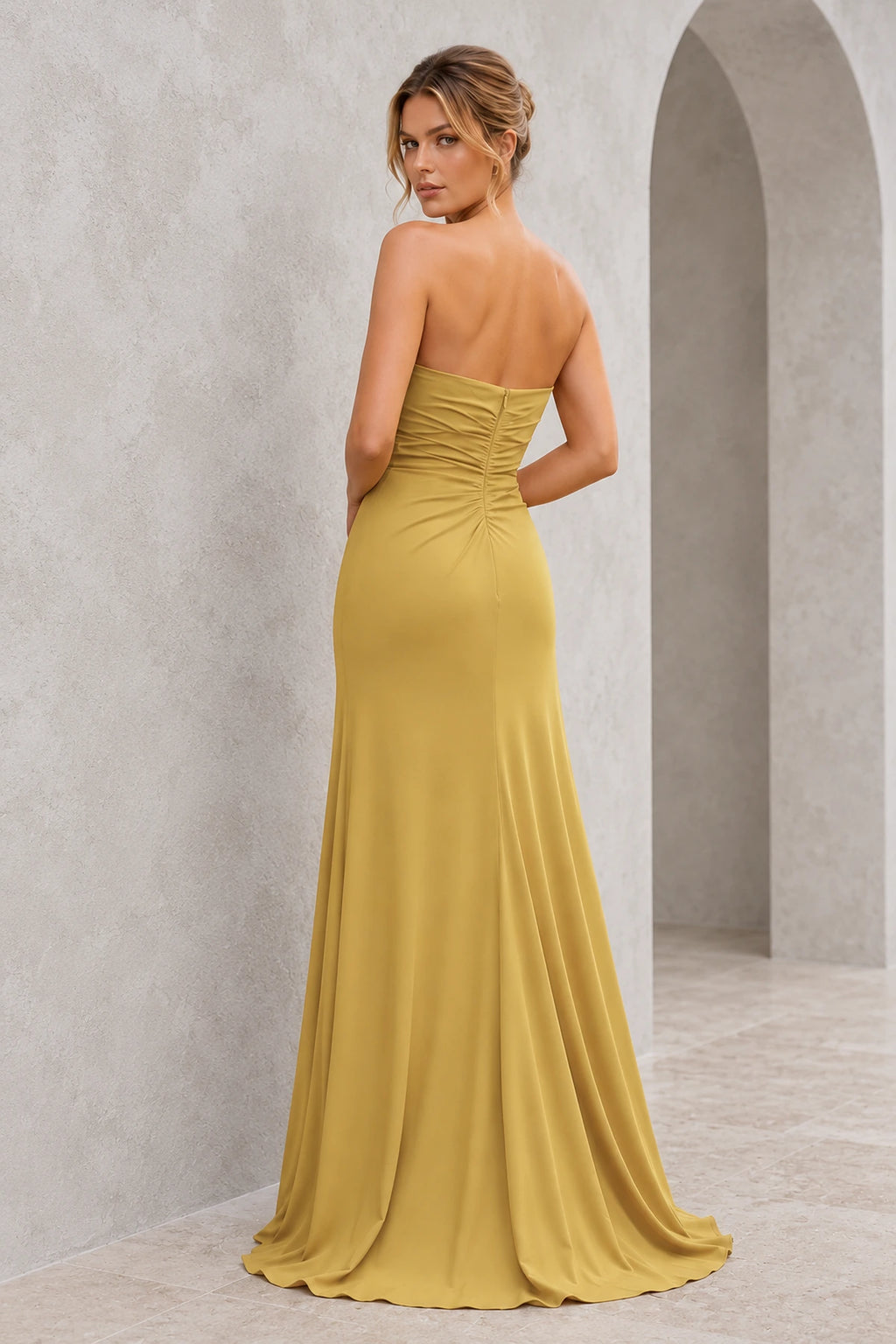 Radiant Satin Look Sheath Straight Neck Strapless Draped Long Prom Dress