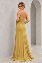 Radiant Satin Look Sheath Straight Neck Strapless Draped Long Prom Dress